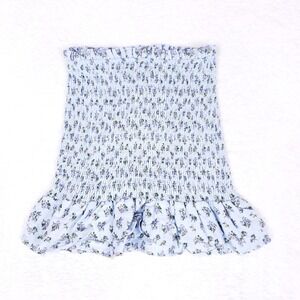 Storia Smocked Floral Tube Top Small Blue Ruffle Hem Coquette Cottagecore